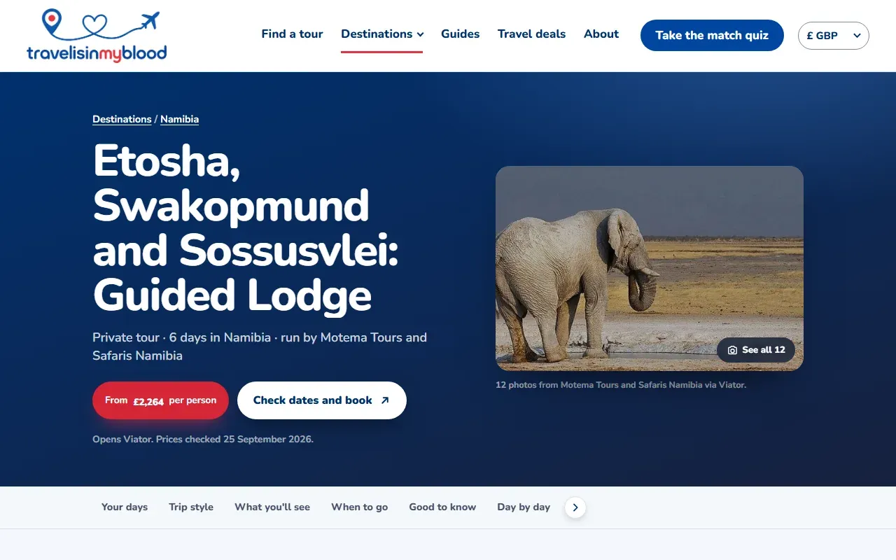 A tour page with the photo, price and a Check dates and book button that opens Viator