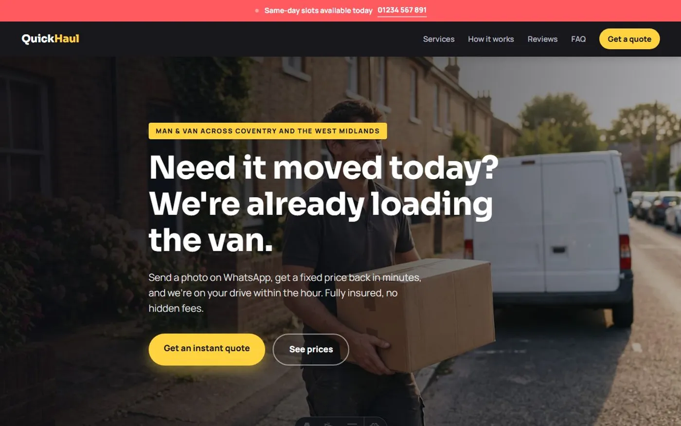 QuickHaul Man & Van, a sample man & van website we designed