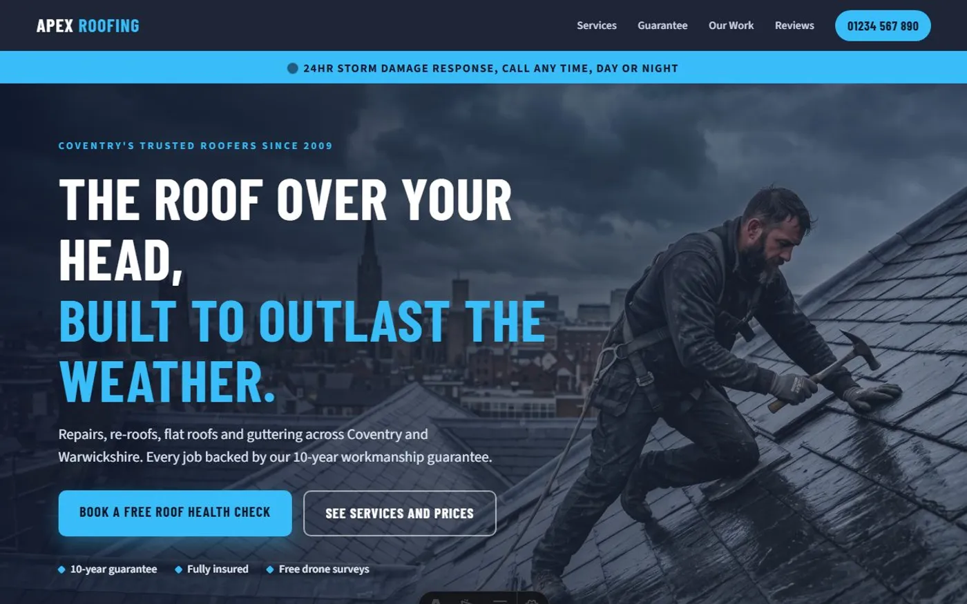 Apex Roofing Specialists, a sample roofer website we designed
